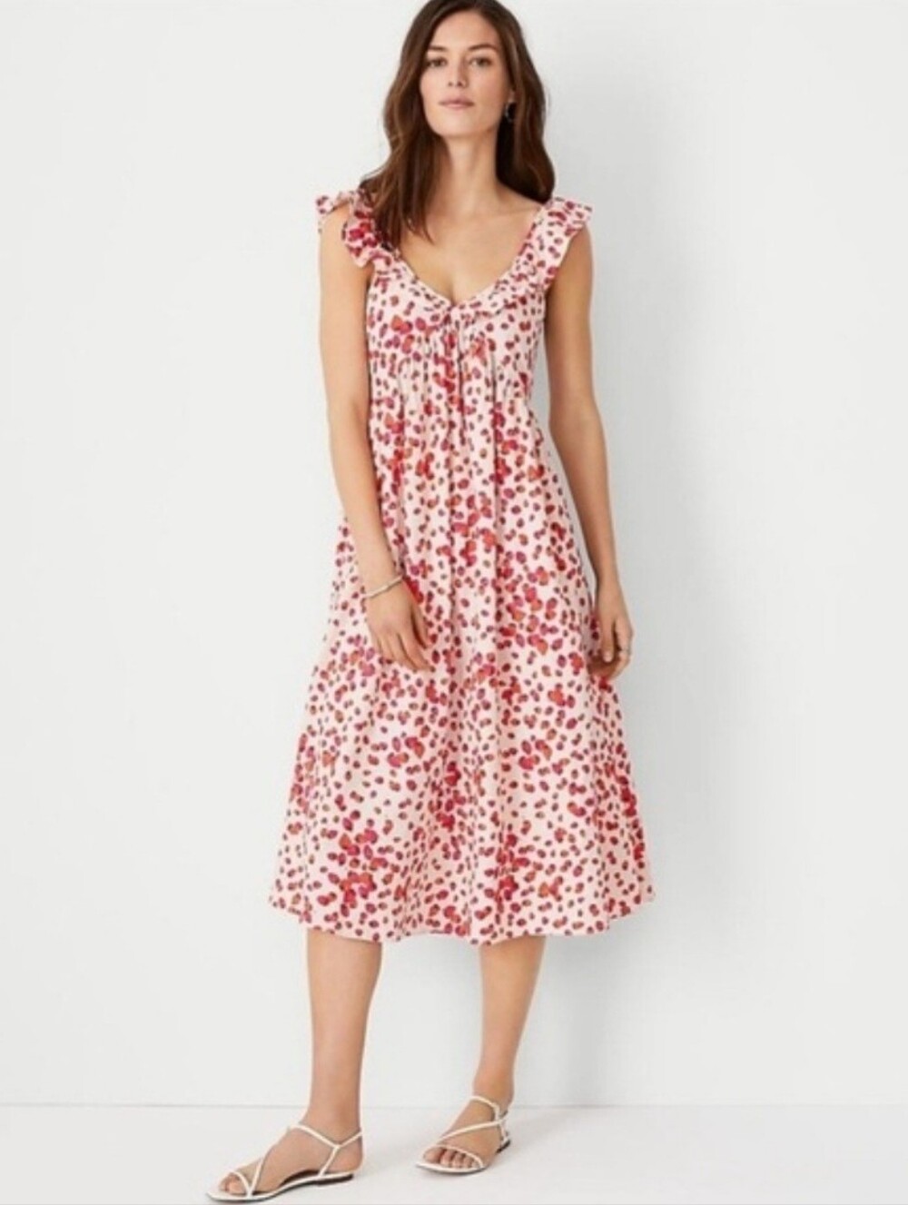Ann Taylor Strawberry🍓 Dress Ruffle-Shoulder Linen Blend Midi Dress 0P Petite